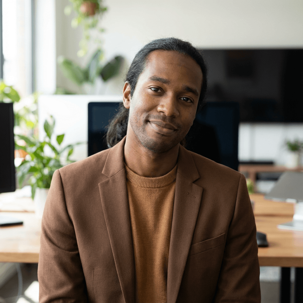 Male paralegal in his early 30s, Black, professional and precise demeanor appropriate for legal services