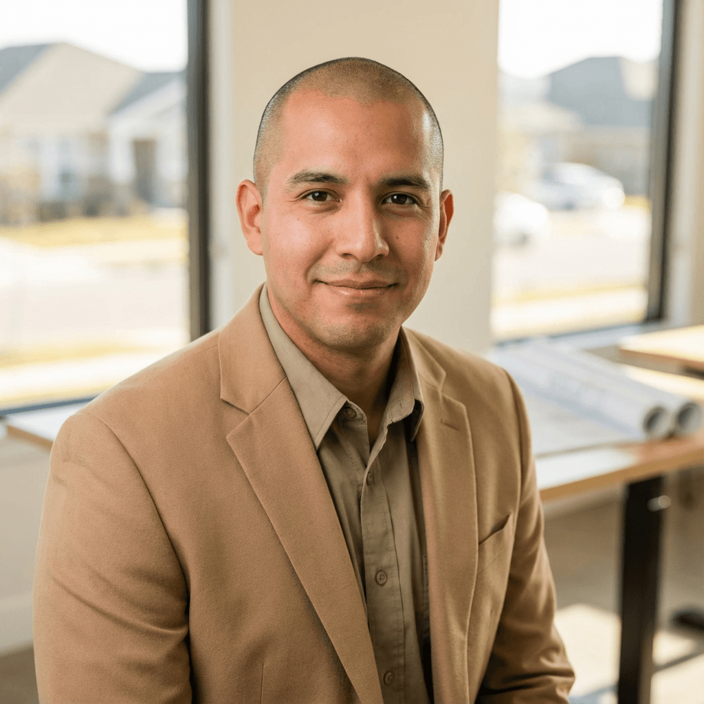 Male real estate broker in his early 40s, Hispanic, professional demeanor wearing a suit in a modern office