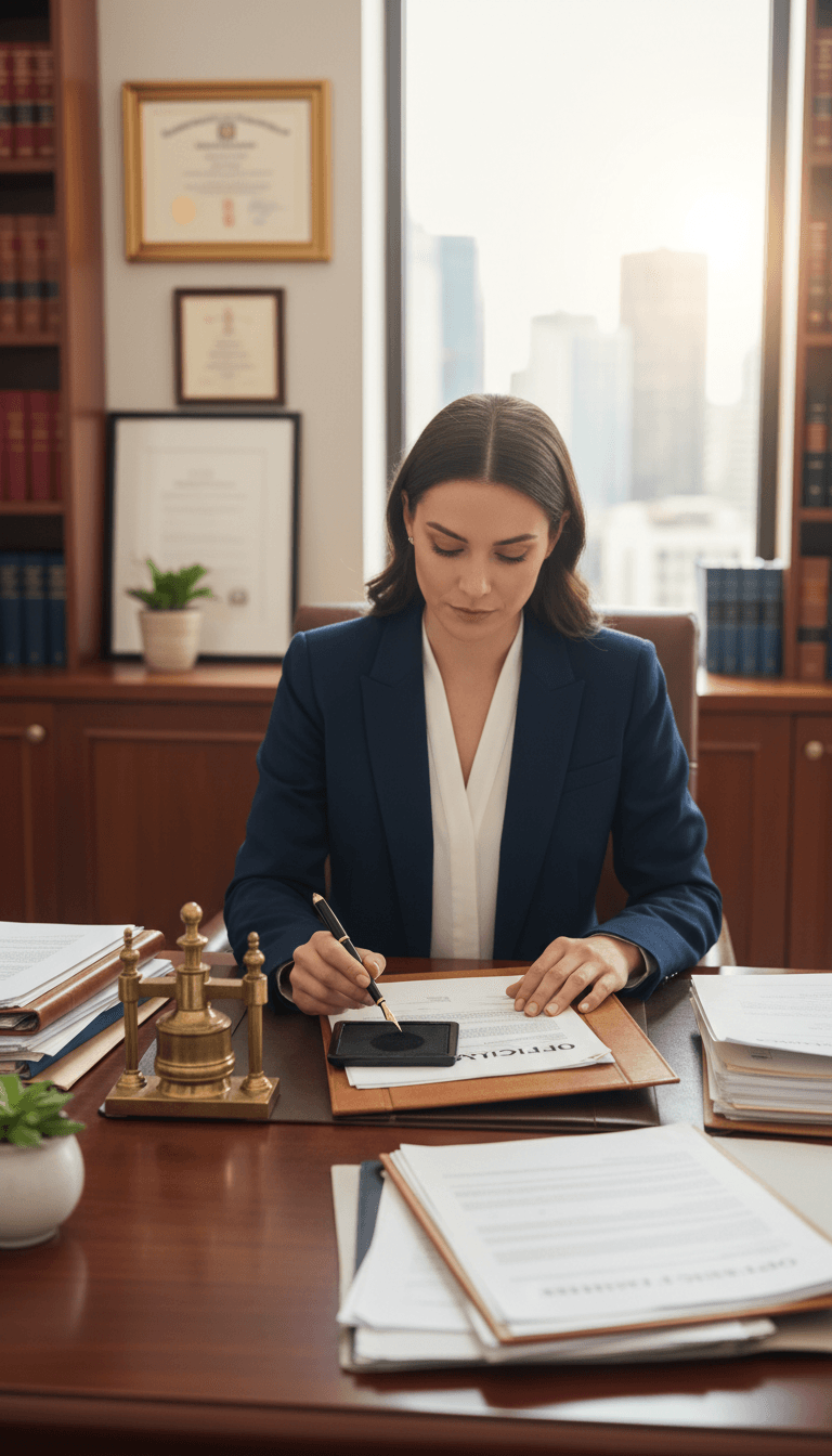 Professional notary signing documents at a desk with a pen and ink pad