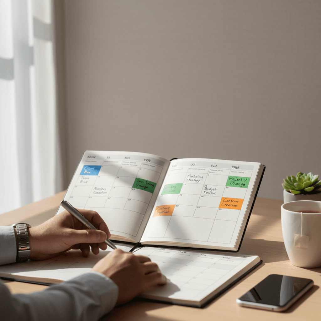 Calendar and pen on a desk for scheduling a notary appointment