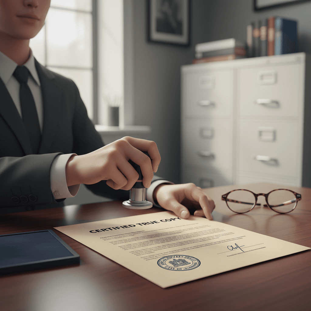 Notary reviewing official documents with an apostille stamp