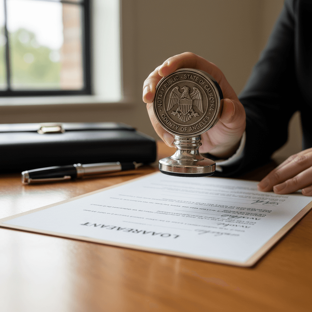 Notary signing official documents at a desk
