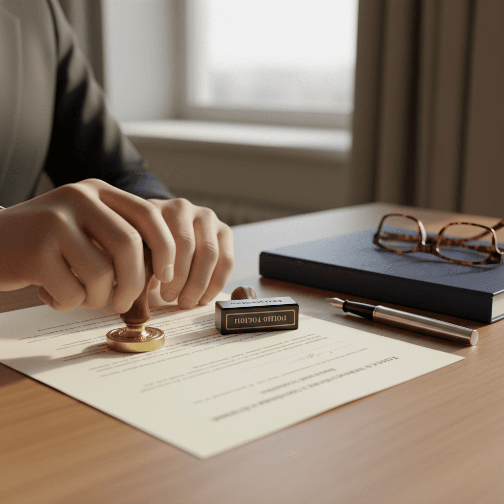 Notary public stamping a document
