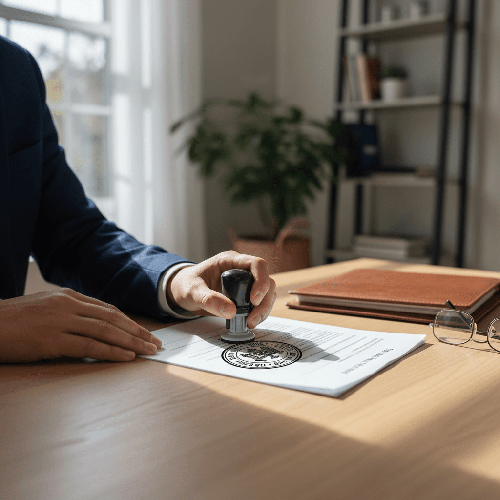 Notary public reviewing and signing legal documents at a desk