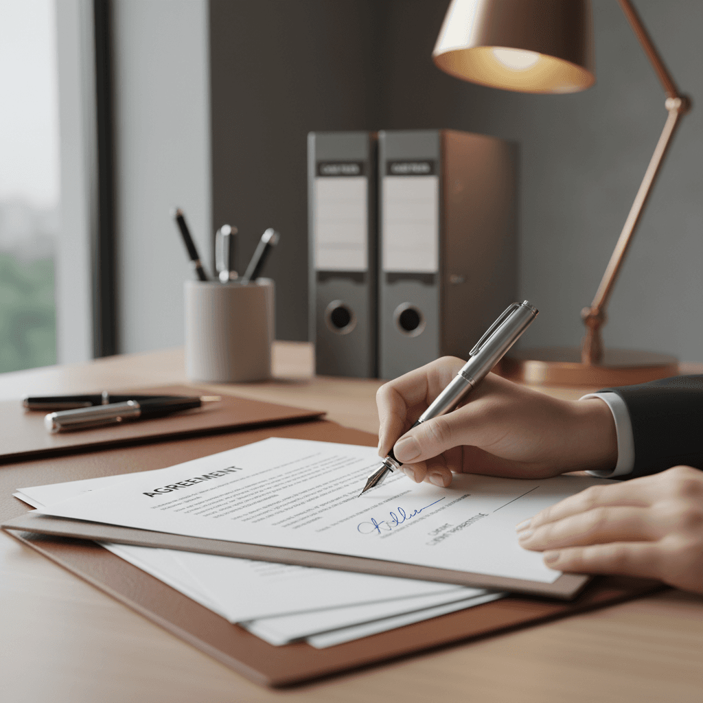 Close-up of client signing legal documents with fountain pen on law office desk